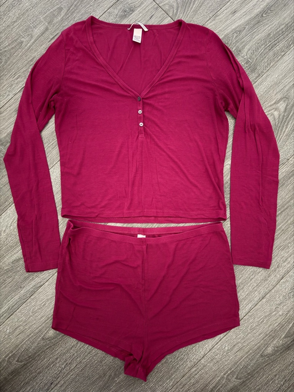 Victoria's Secret Long-Sleeve Henley Top & Shorts Pajama Set - Berry Plum